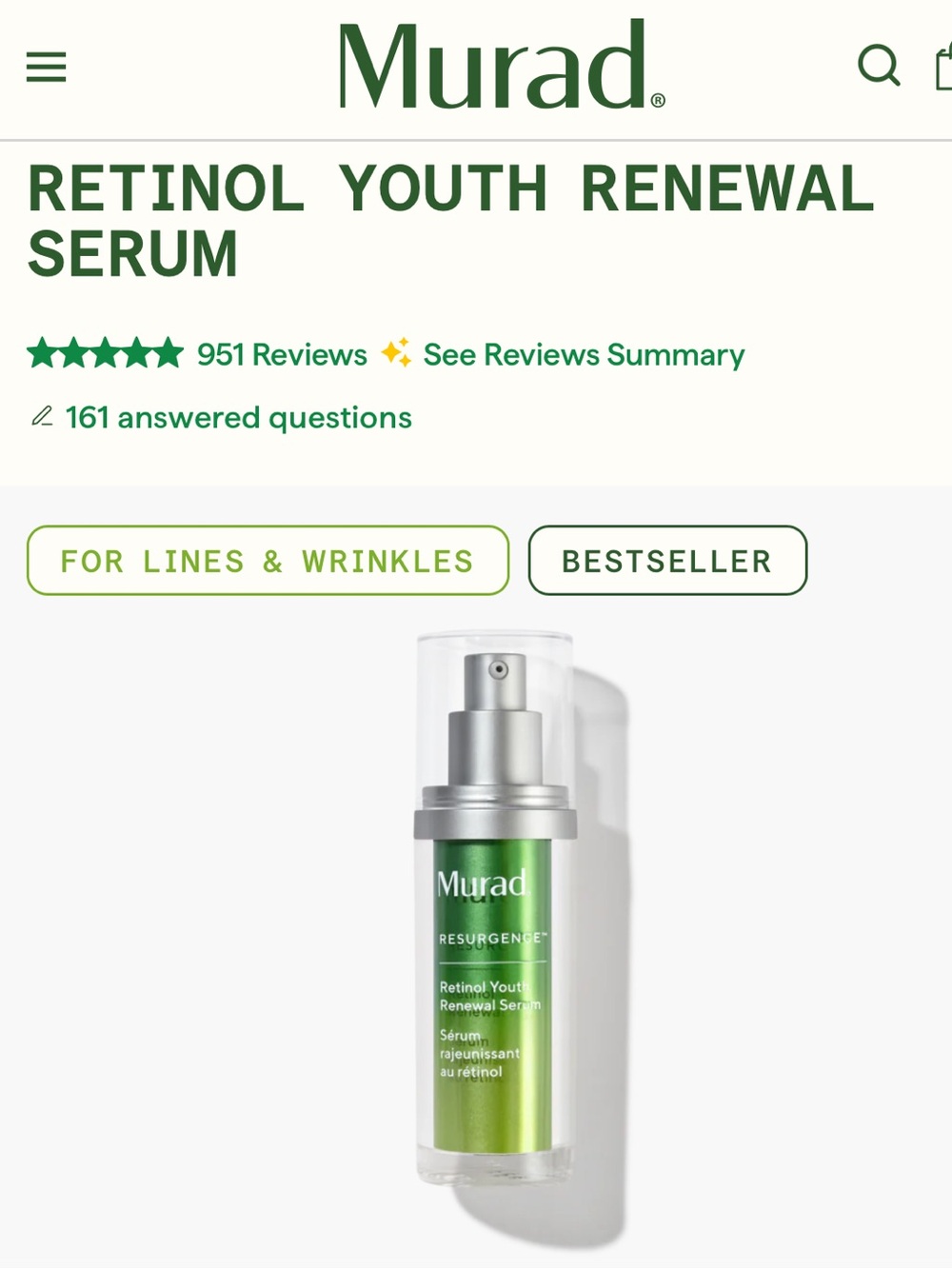 Murad Resurgence Retinol Youth Renewal Serum — Green and Silver Pump